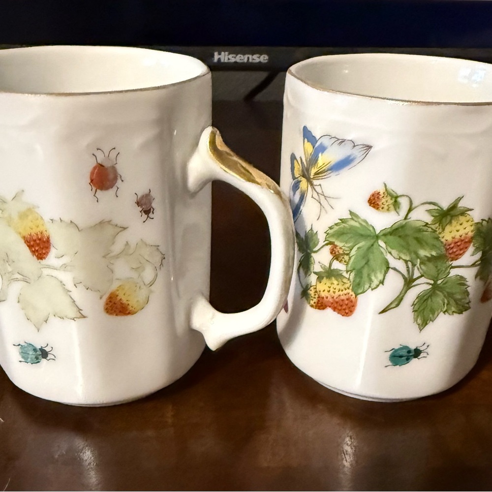 Set of 2 Vintage Numbered Lenwile Ardalt Mugs With Butterflies Strawberries